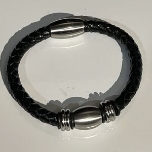 Leather Braided Bracelet with Silver Tone Hardware & Magnetic Closure
